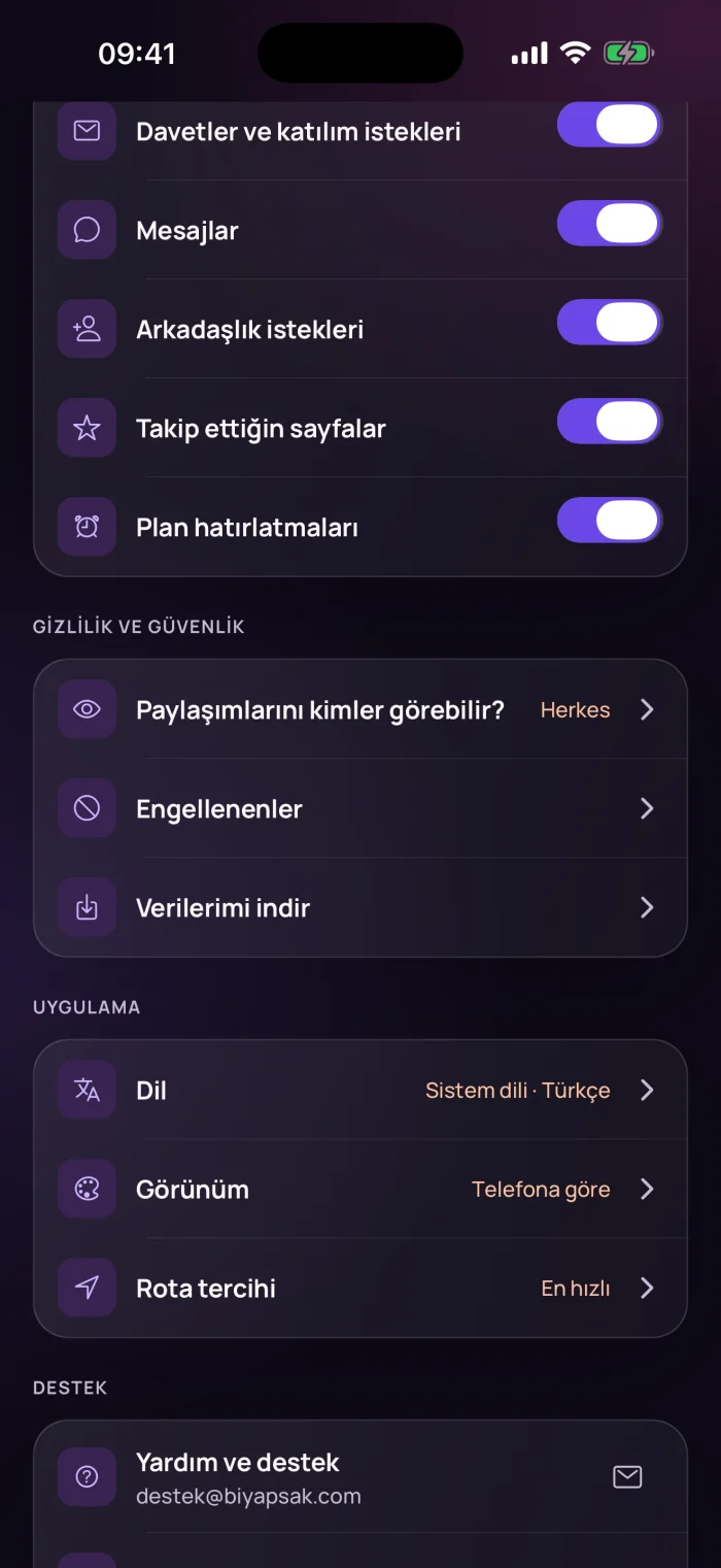 Ayarlar: bildirimler, gizlilik, verilerimi indir, dil ve görünüm