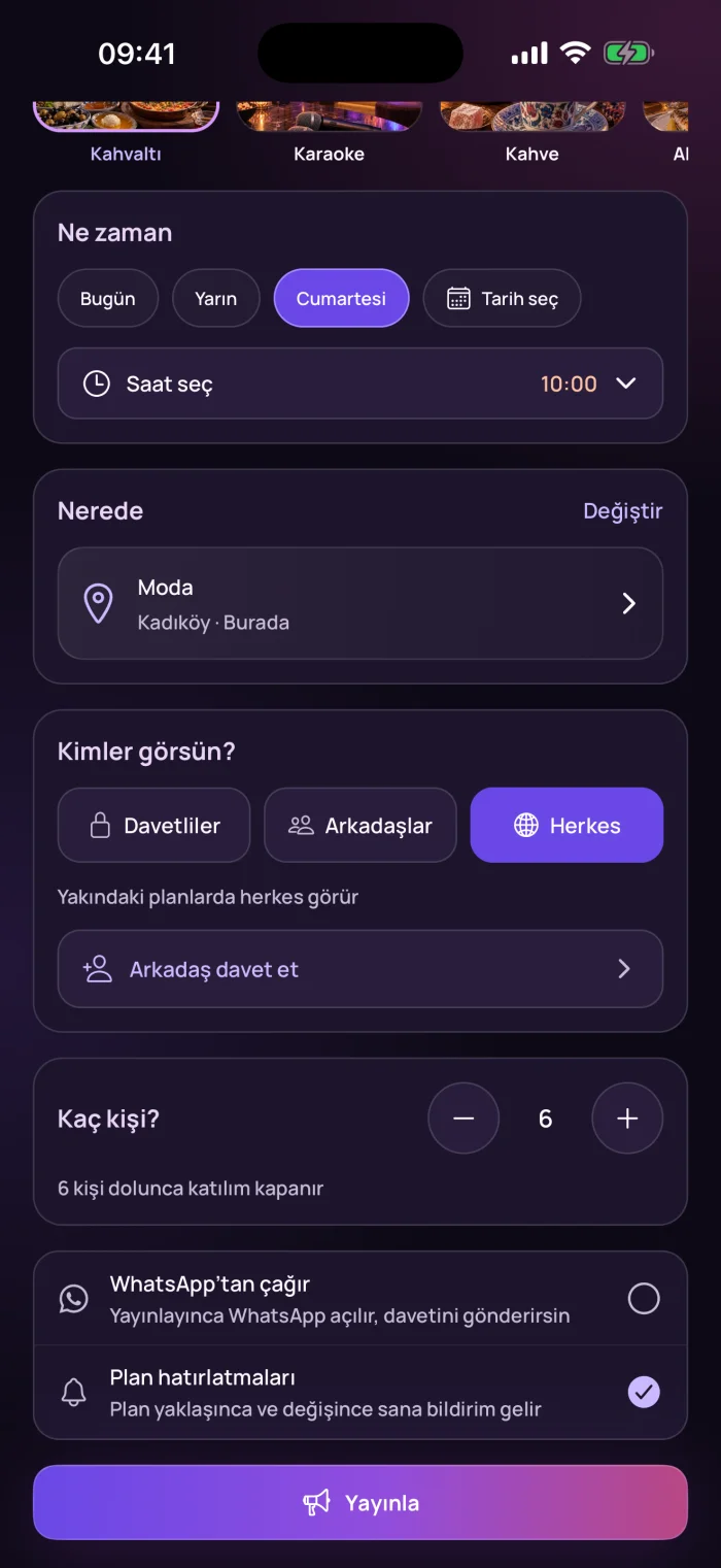 Plan formu: Cumartesi 10:00, Moda, Herkes görsün, 6 kişi